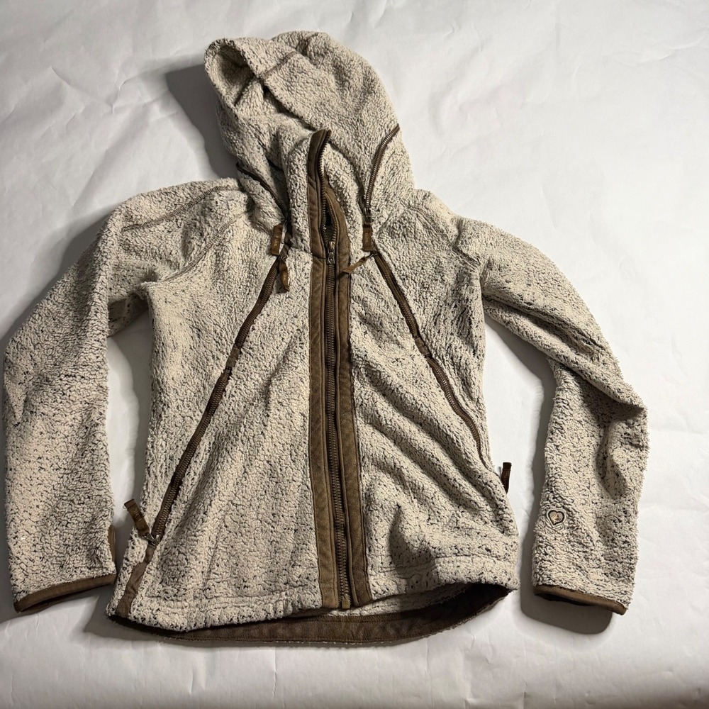 Kuhl Flight Womens Sherpa Fleece Hoodie Jacket Beige Brown Zip Up‎ Warm Outdoor